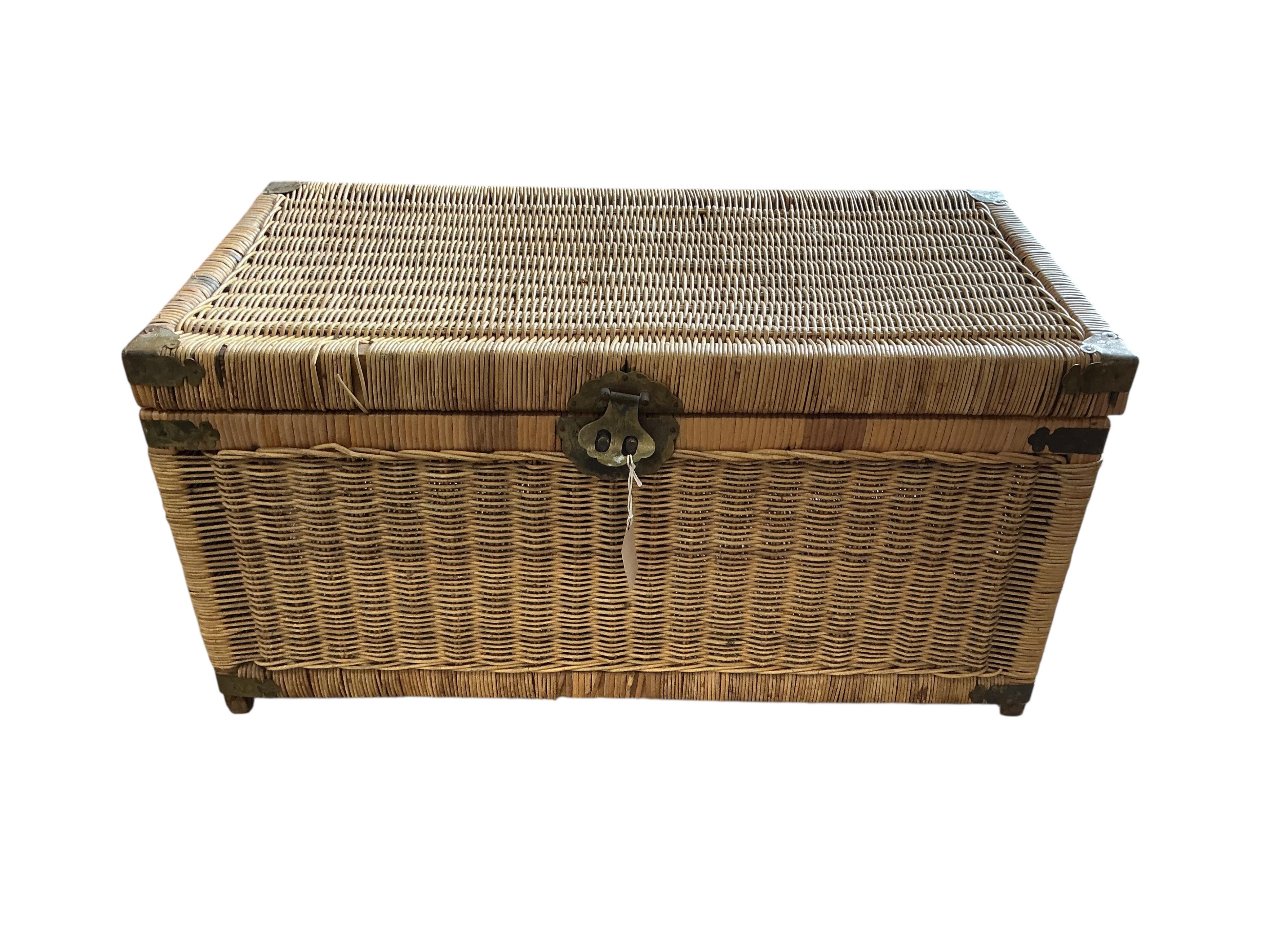 A Victorian rectgangular pine trunk, width 94cm, depth 50cm, height 47cm together with a later smaller Chinese rattan trunk